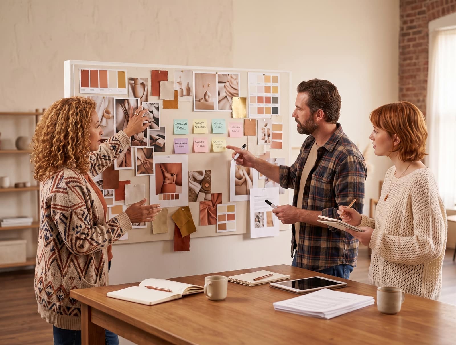 Creatief team bespreekt een campagne bij een moodboard