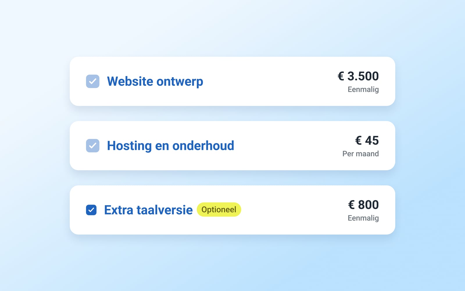 Offerte met diensten als losse regels: eenmalig, per maand en optioneel