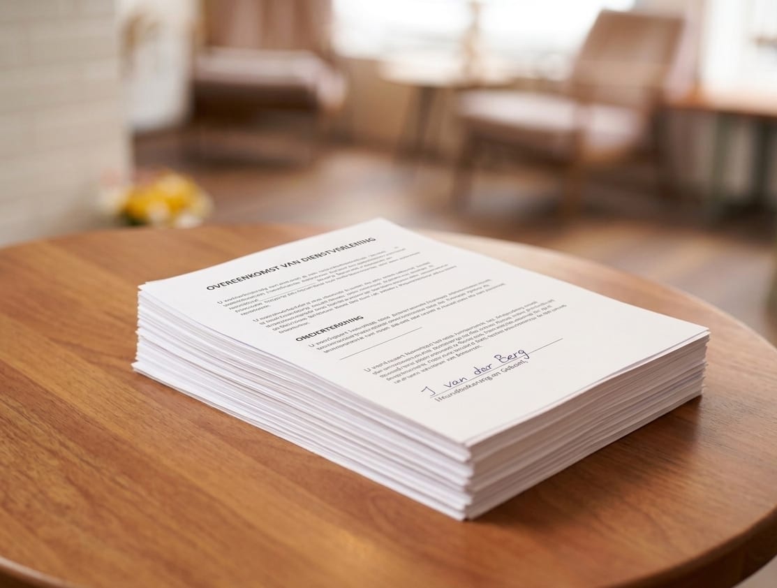 Grote stapel papieren contracten en offertes op een tafel
