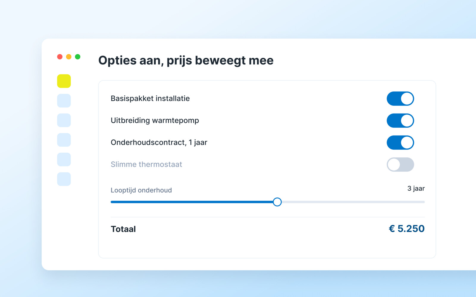 Een Opdoffer-offerte waarin de klant opties aan- en uitzet en de totaalprijs meebeweegt