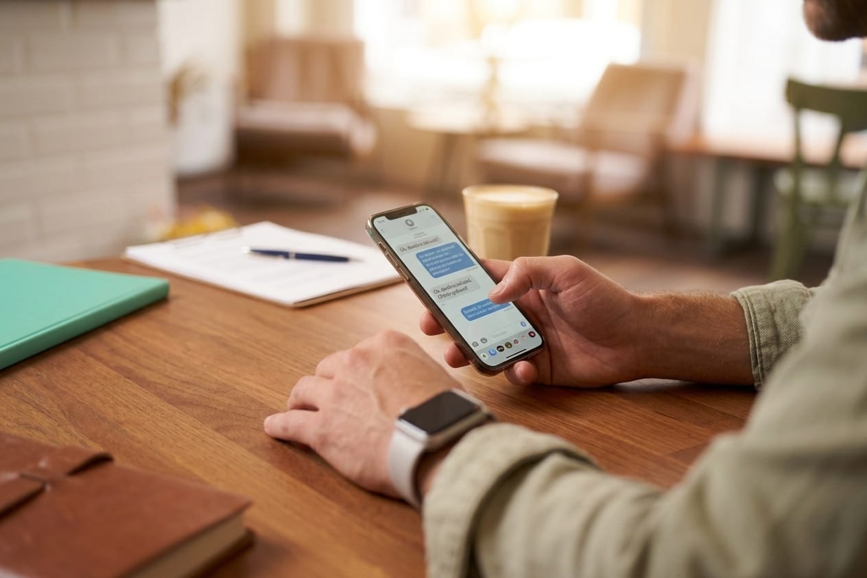 Ondernemer stuurt vanaf een cafe een vriendelijke opvolgmail via zijn telefoon