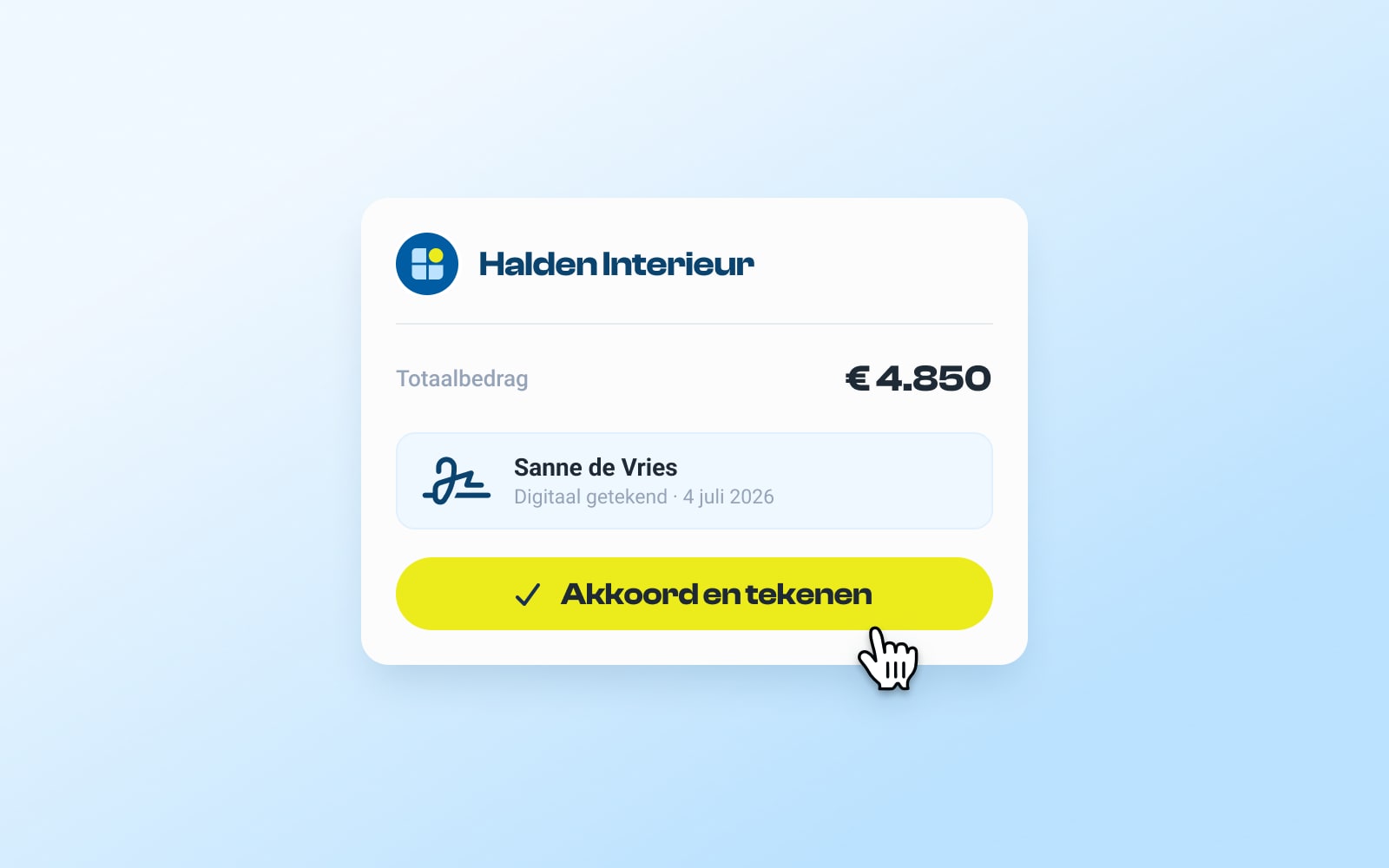 Een Opdoffer-offerte met de knop om akkoord te geven en te tekenen
